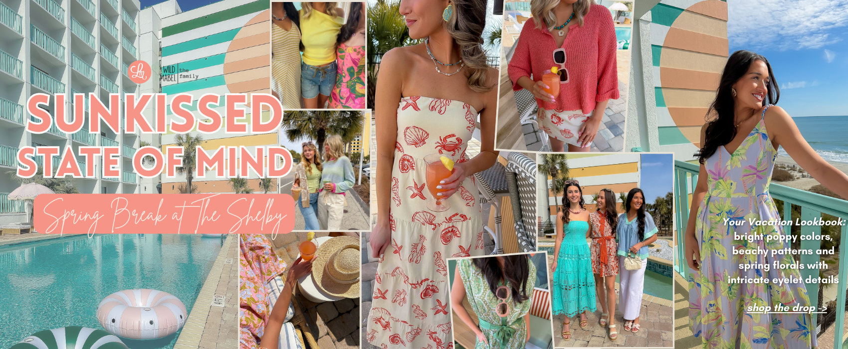 Collage of a woman in a strapless dress with sun-themed accessories for Spring Break Boutique collection photoshoot at a beach front hotel and text 'Sunkissed State of Mind'.