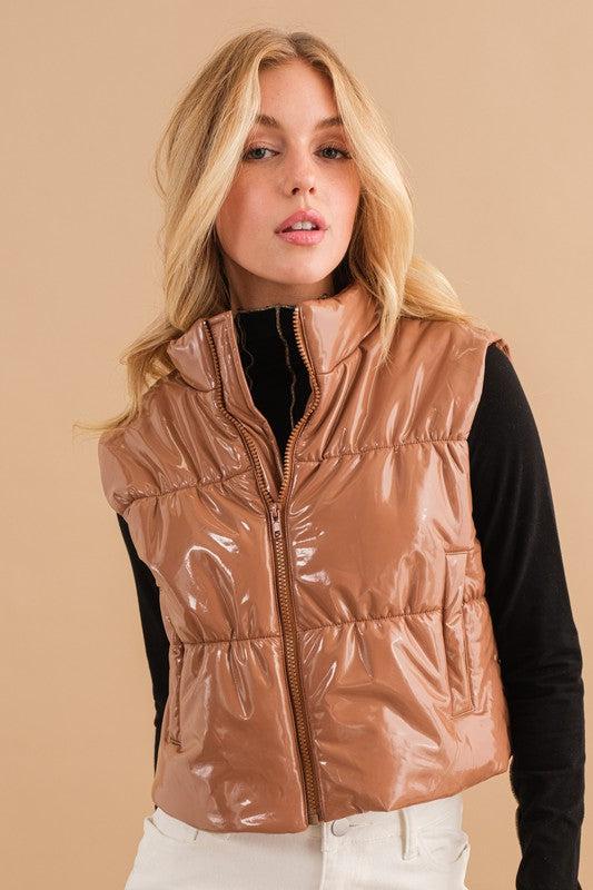 Cozy Up Quilted Puffer Zip Crop Vest-Outerwear-Blue B-L. Mae Boutique &amp; Wild Mabel Clothing