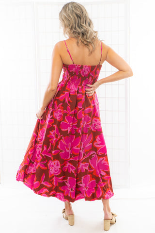 Cranberry & Pink Floral Print Balloon Hem Midi Dress-Dresses-En Creme-L. Mae Boutique & Wild Mabel Clothing