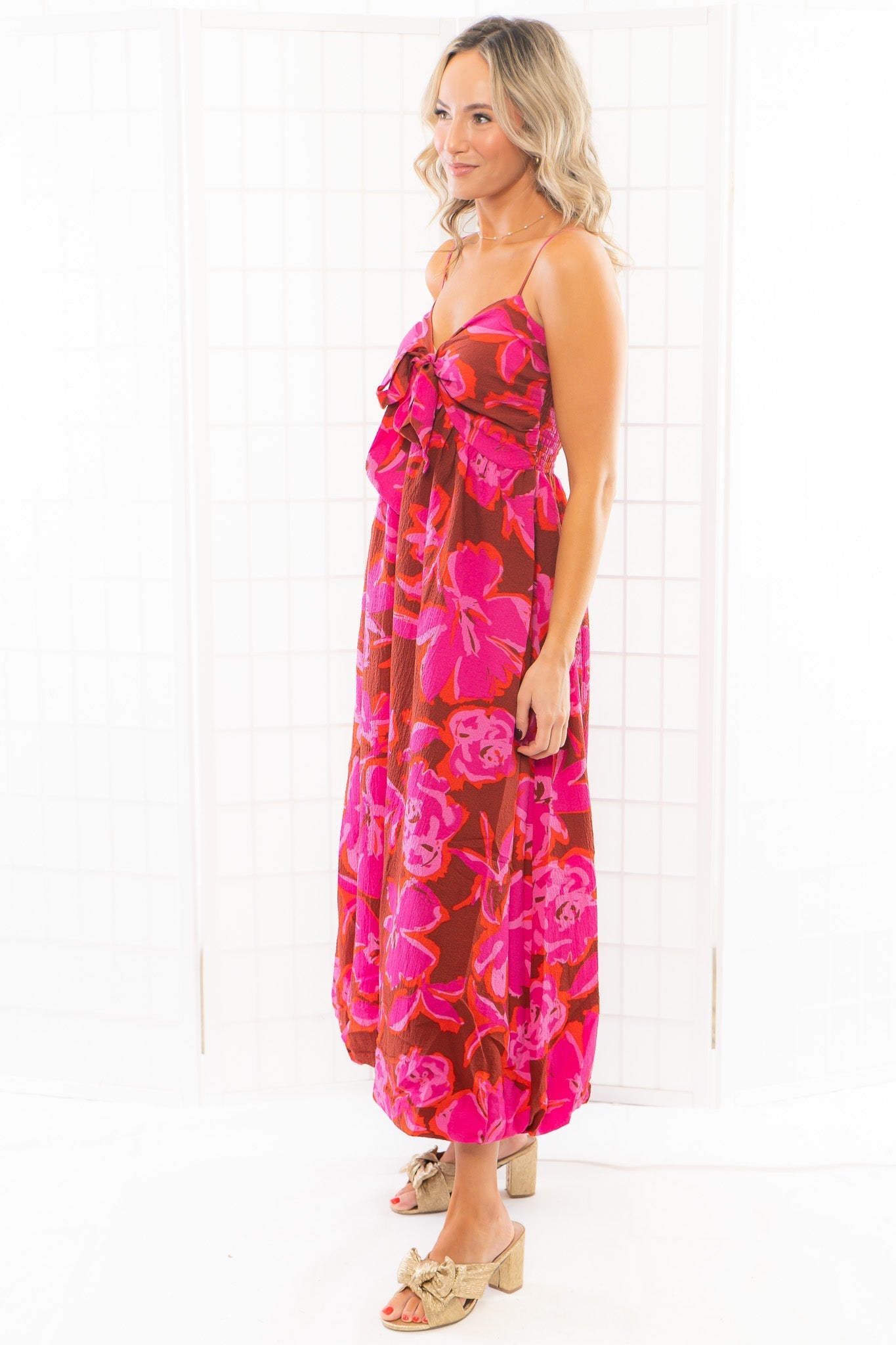 Cranberry &amp; Pink Floral Print Balloon Hem Midi Dress-Dresses-En Creme-L. Mae Boutique &amp; Wild Mabel Clothing