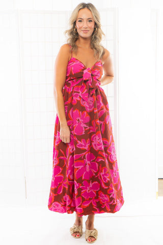 Cranberry & Pink Floral Print Balloon Hem Midi Dress-Dresses-En Creme-L. Mae Boutique & Wild Mabel Clothing