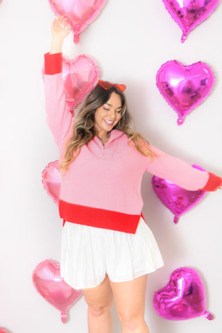 Cupid Pink & Red Contrast Zip Pullover-2.7 August Apparel-L. Mae Boutique