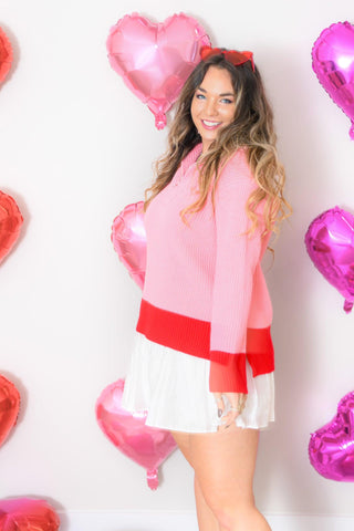 Cupid Pink & Red Contrast Zip Pullover-2.7 August Apparel-L. Mae Boutique