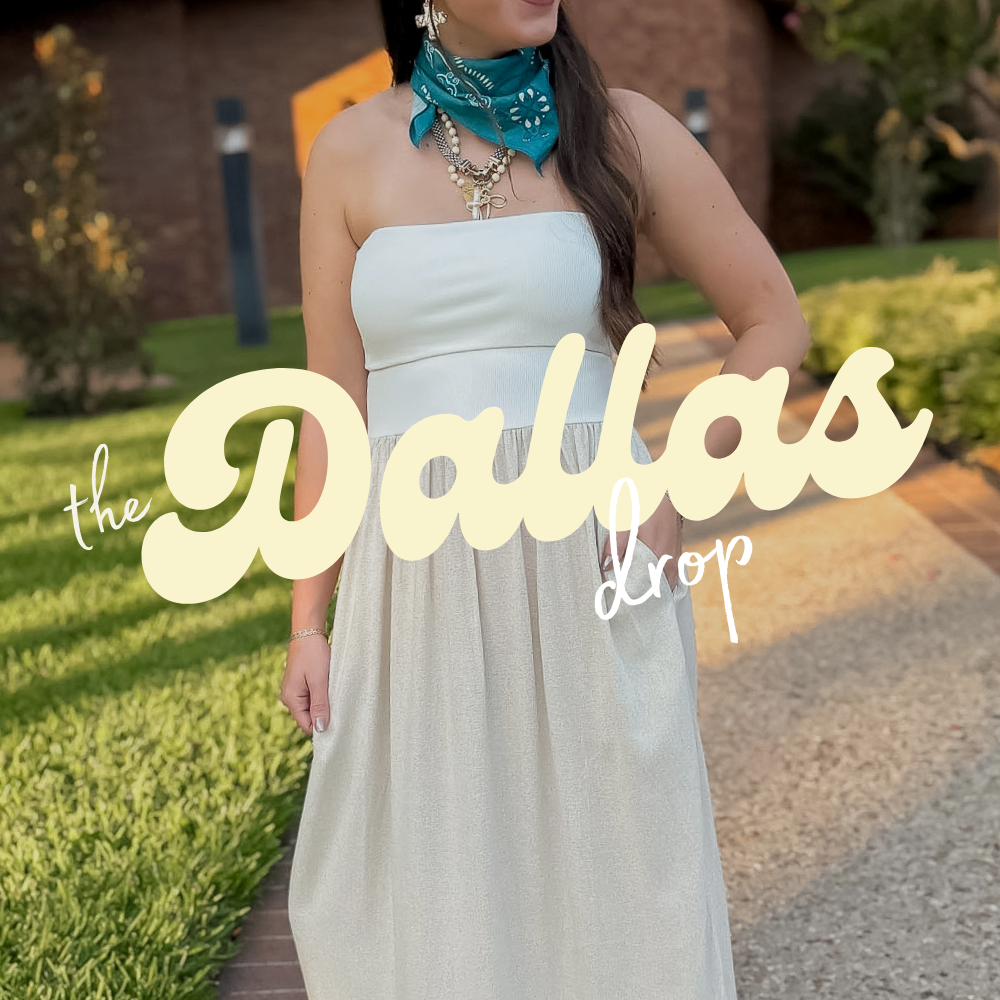 Model showcasing southern chic fashion in a boutique outfit inspired by Dallas Texas style.