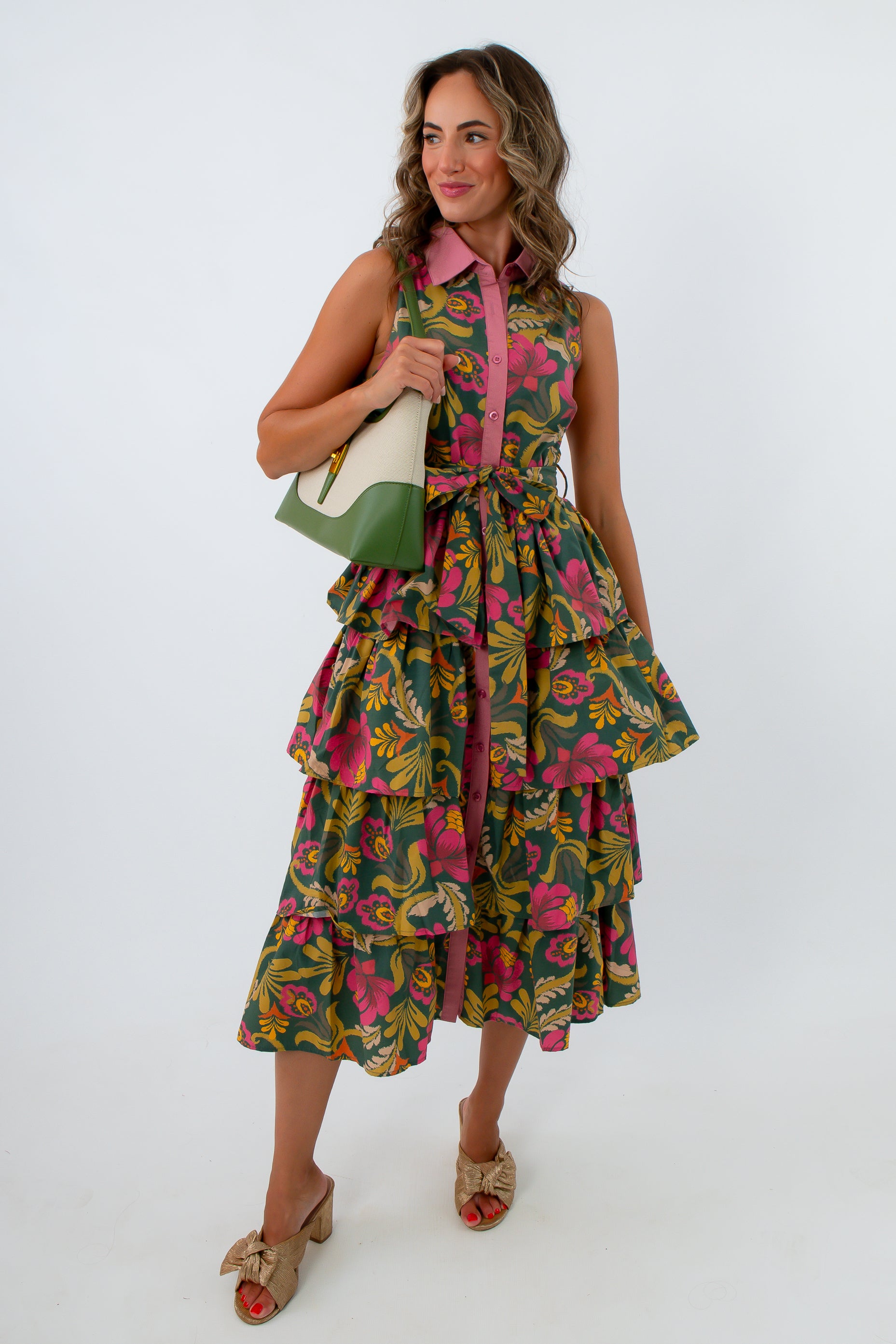 Lana Olive &amp; Pink Ruffle Midi Dress