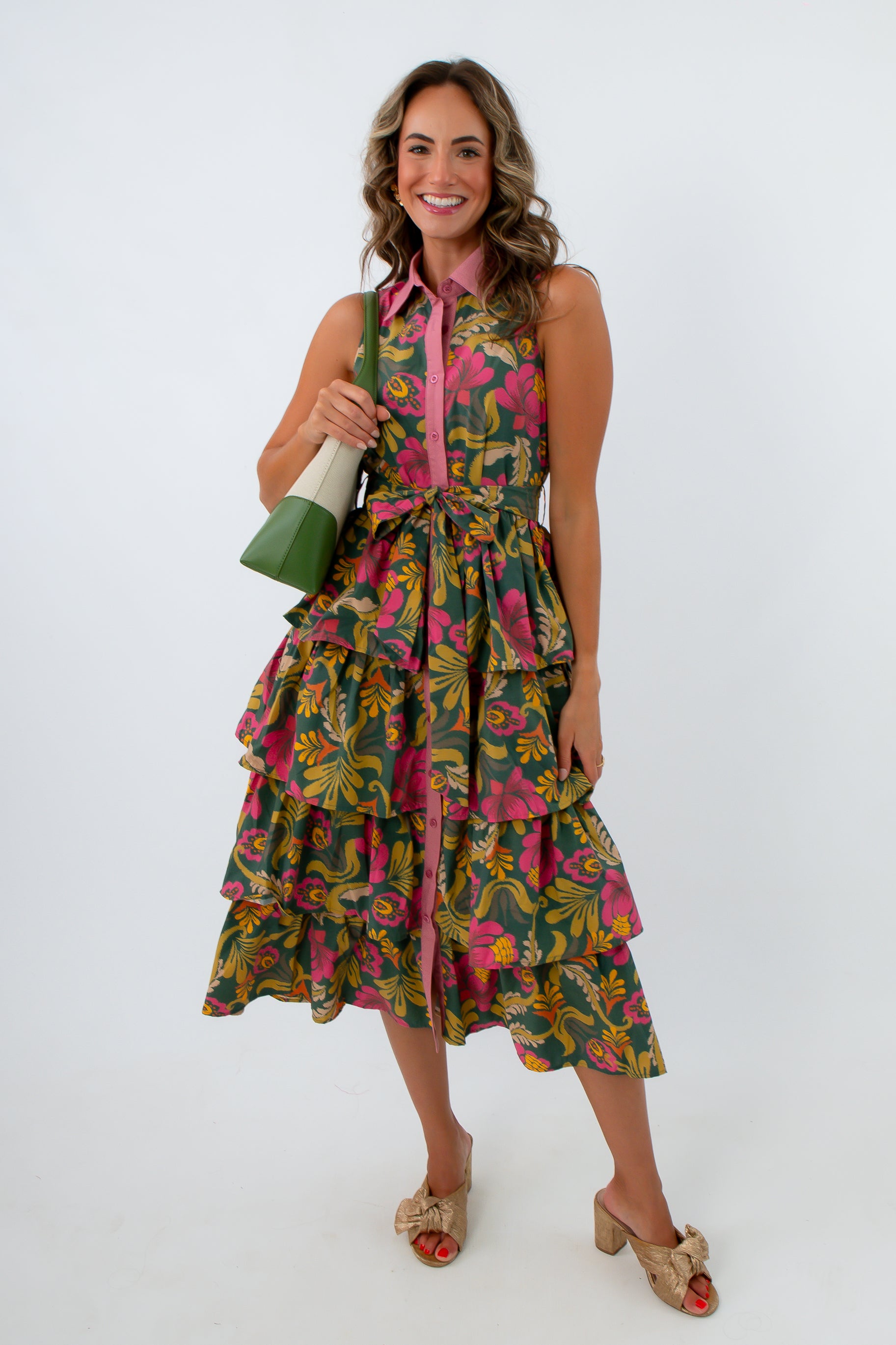 Lana Olive &amp; Pink Ruffle Midi Dress with button front, pink and green floral midi dress, collard midi dress