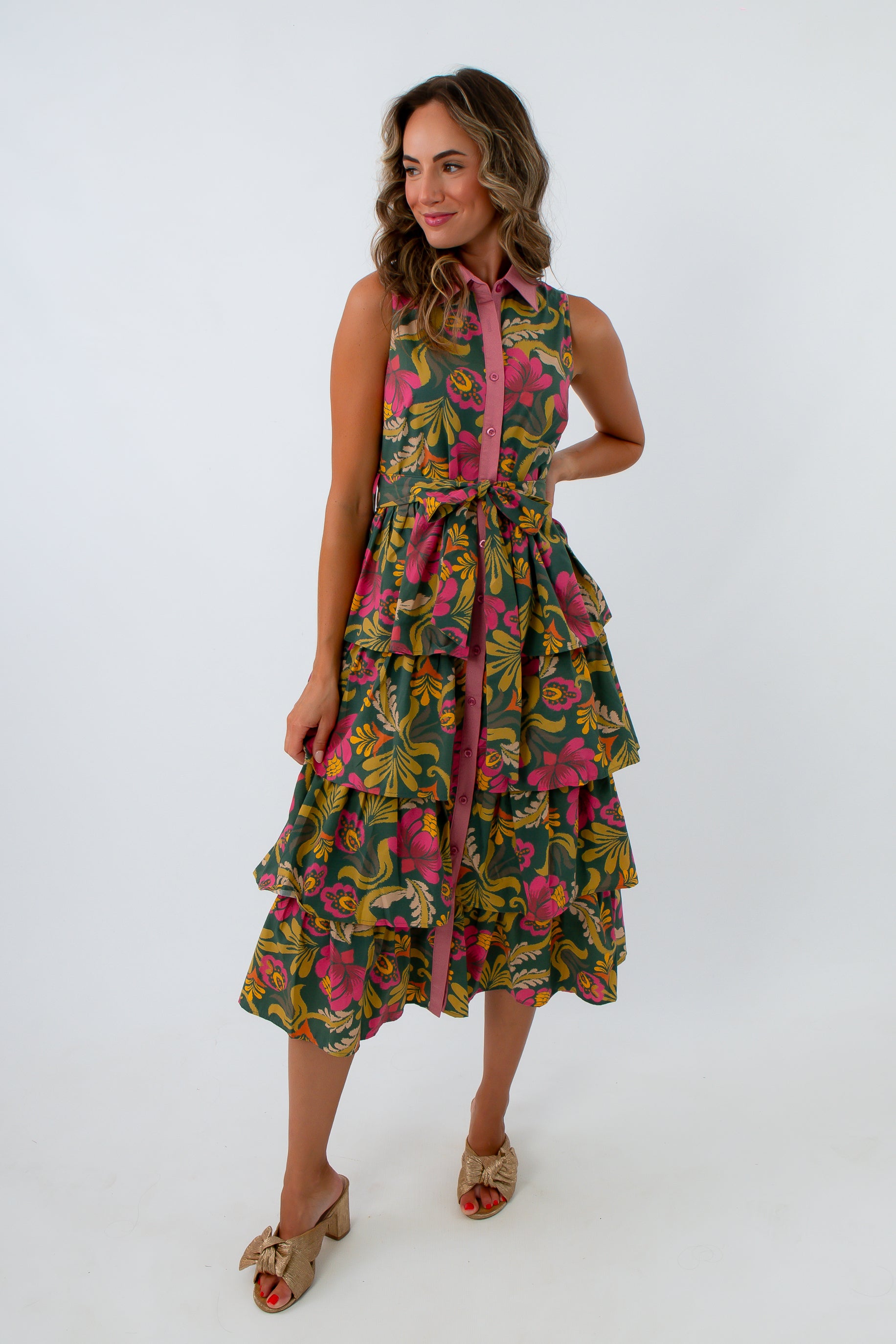Colorful fall midi dress with pink collar and ruffled tiers, pink and green floral midi dress, olive green midi dress