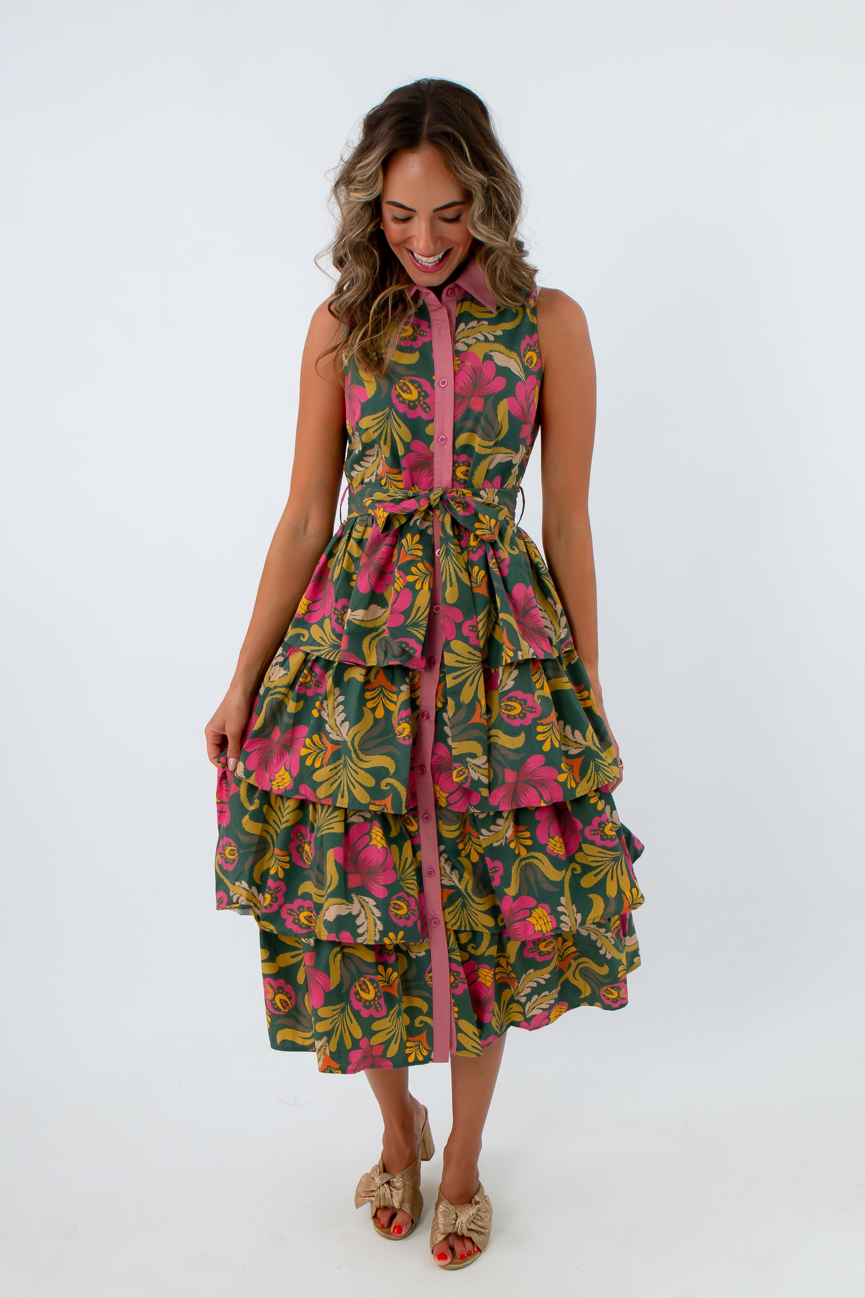 Patterned midi dress perfect for fall workwear and weddings, pink and green floral midi dress, midi dress with tiered layers