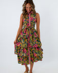 Patterned midi dress perfect for fall workwear and weddings, pink and green floral midi dress, midi dress with tiered layers