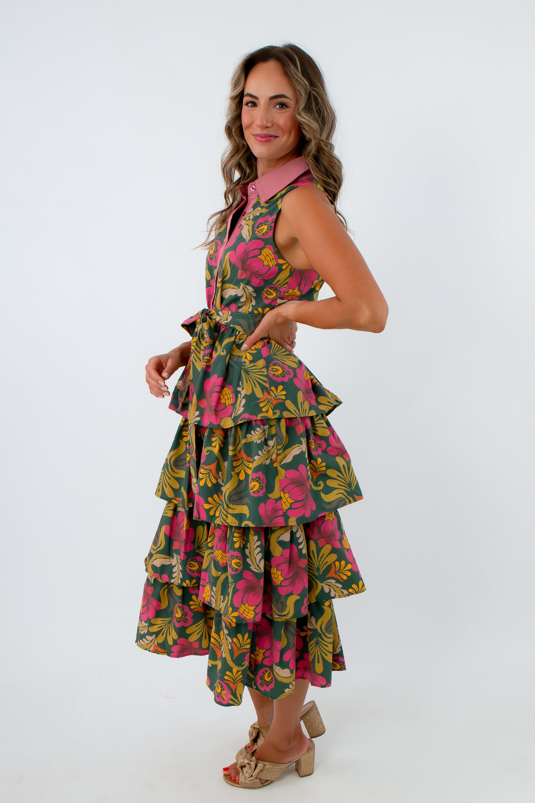 Tie around the waist floral dress for autumn events, sleeveless midi dress for fall, pink and green sleeveless midi dress
