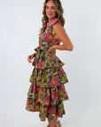 Tie around the waist floral dress for autumn events, sleeveless midi dress for fall, pink and green sleeveless midi dress