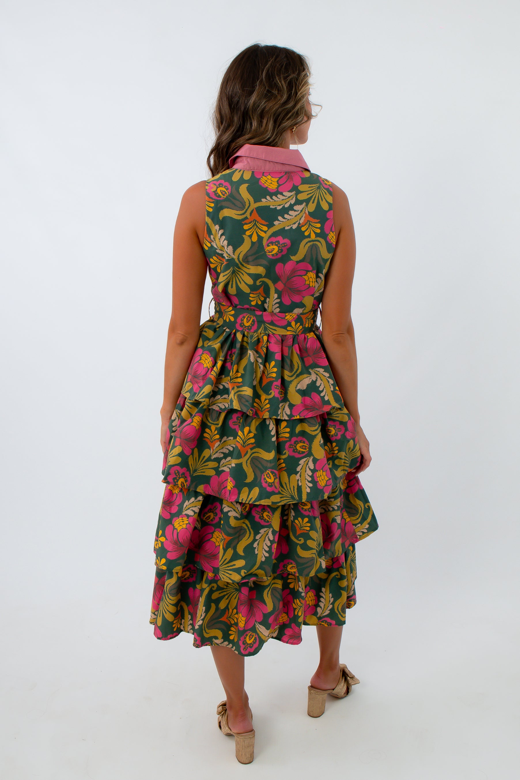 Pink and olive green floral midi dress, collared midi dress, midi dress with button front
