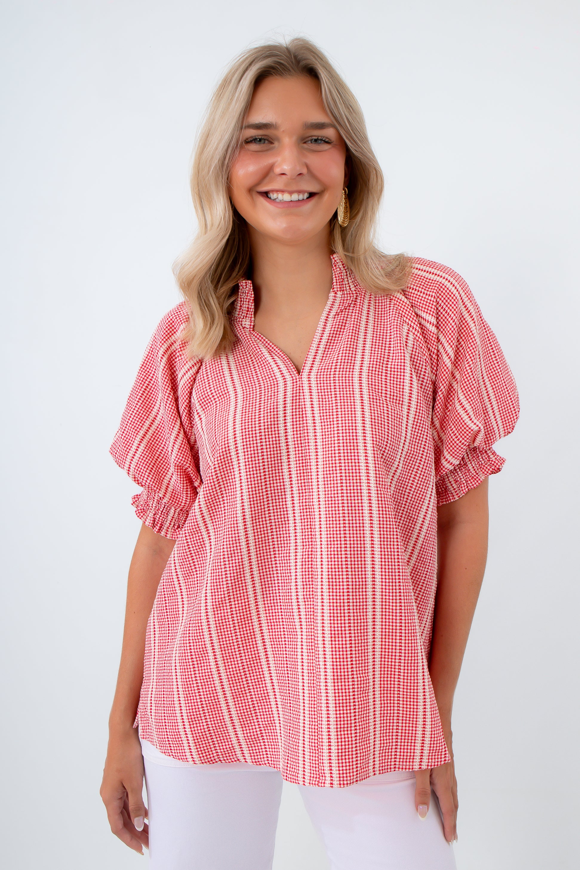 farmer's market stroll red gingham blouse for summer