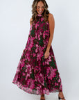 Pink and green floral maxi dress with pleats, floral maxi dress with high neckline, pink and green wedding guest dress