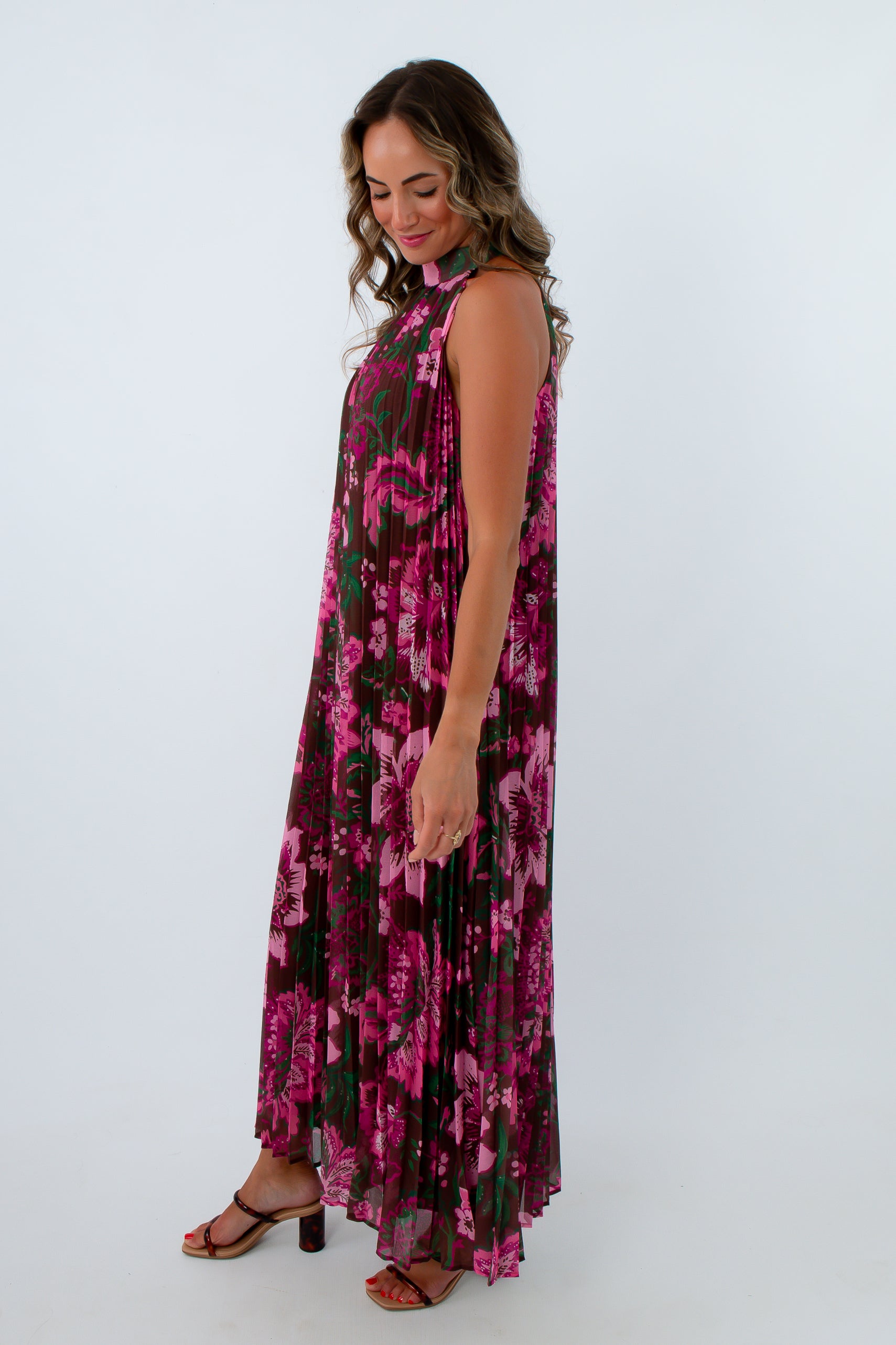 Elegant high neckline floral maxi dress, floral maxi dress, floral wedding guest dress, pink and green floral dress