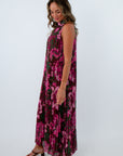 Elegant high neckline floral maxi dress, floral maxi dress, floral wedding guest dress, pink and green floral dress
