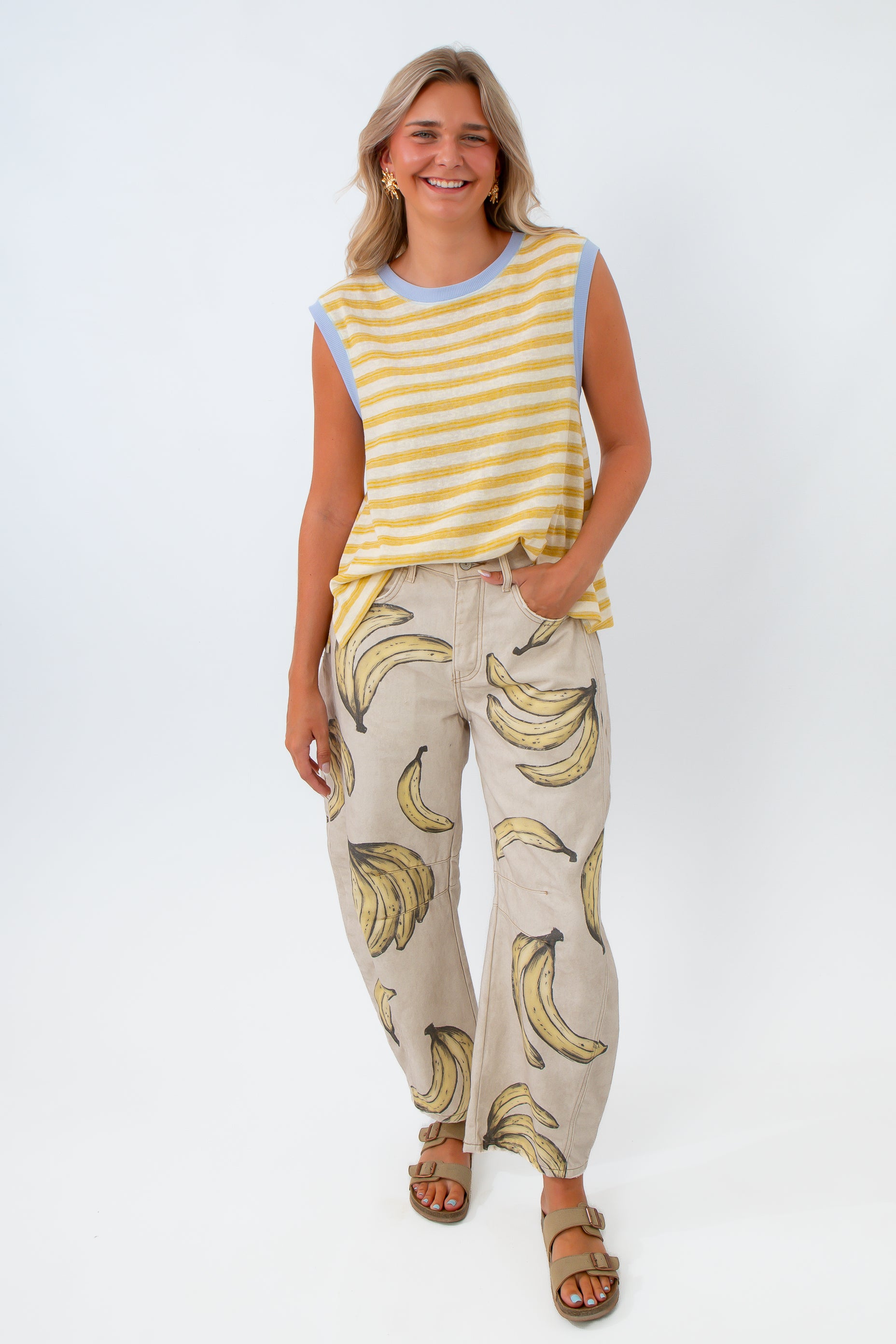 Free People Go Bananas Good Luck Printed Barrel Jean