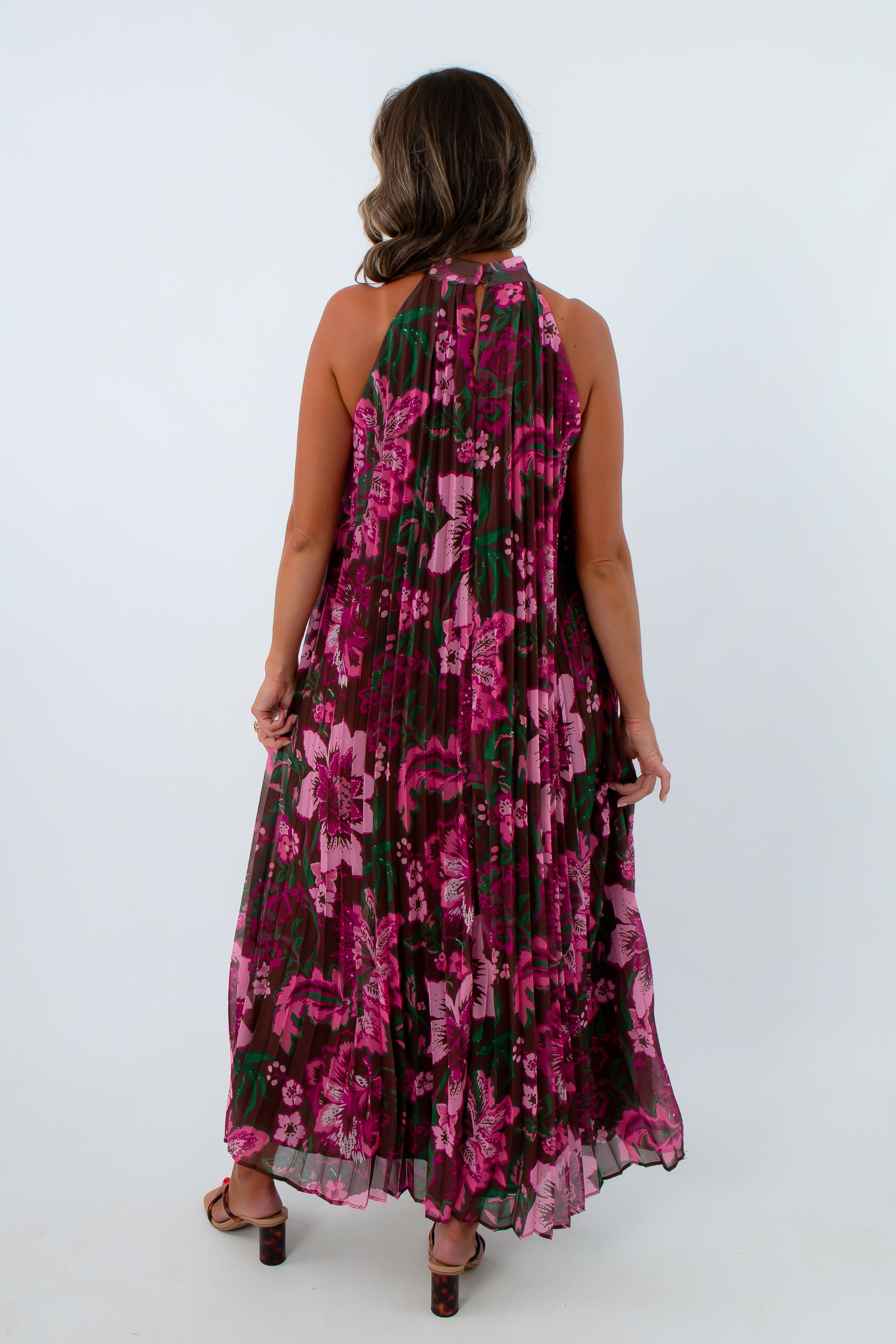 Floral wedding guest dress, pleated maxi dress, pink and green maxi dress, floral dress with pleated detailing