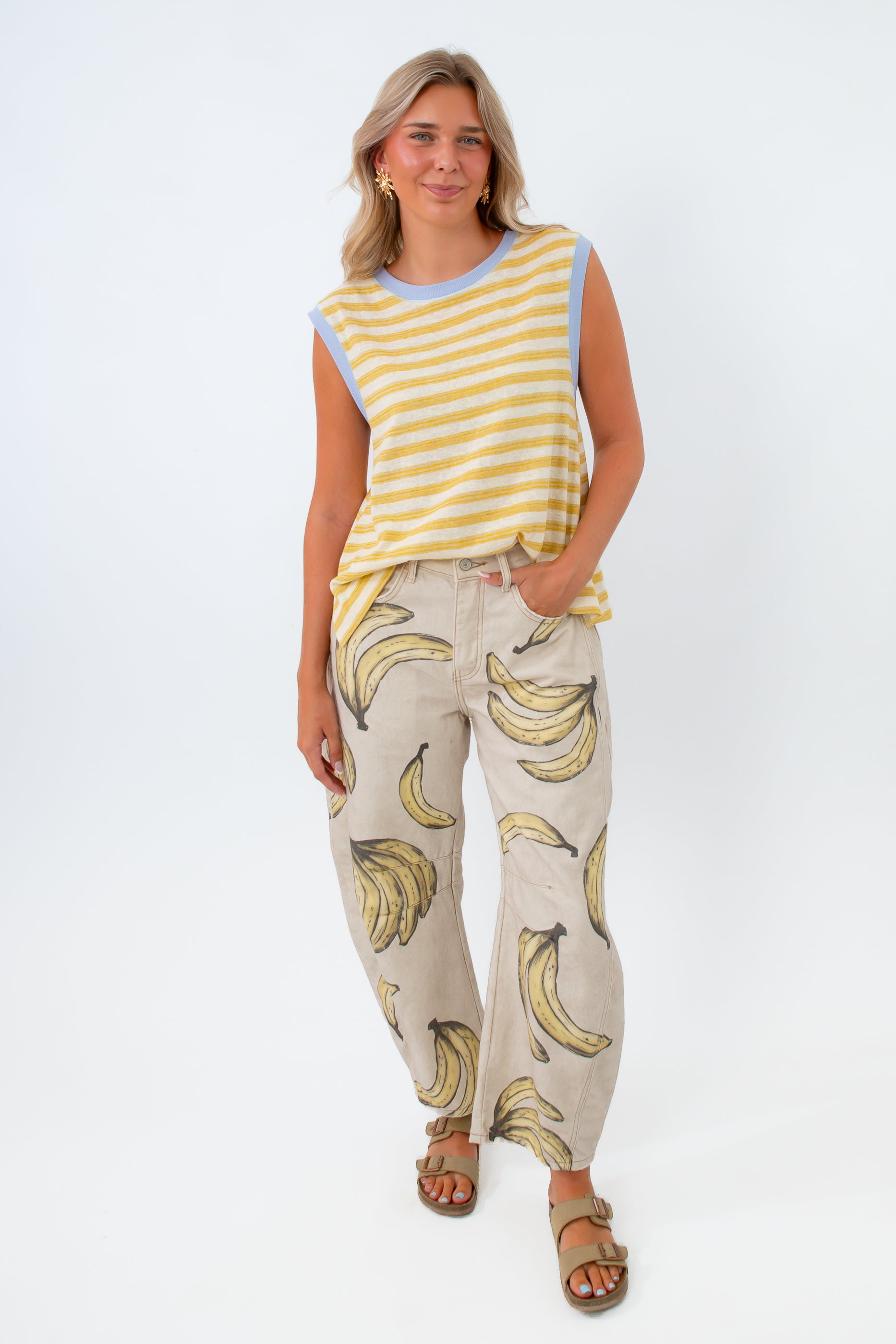 free people banana pant styled for summer with striped tank