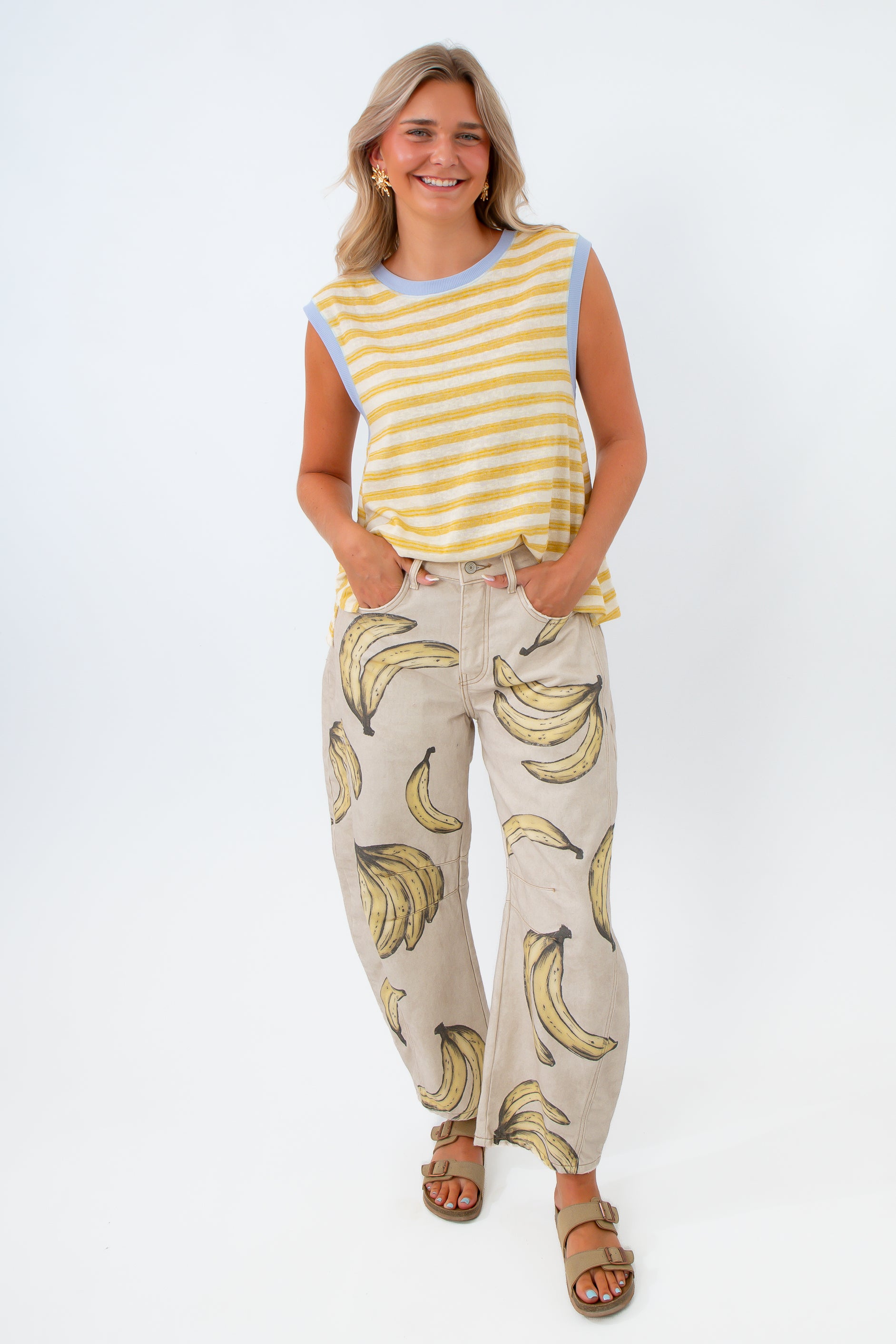 fruit printed barrel jean with bananas