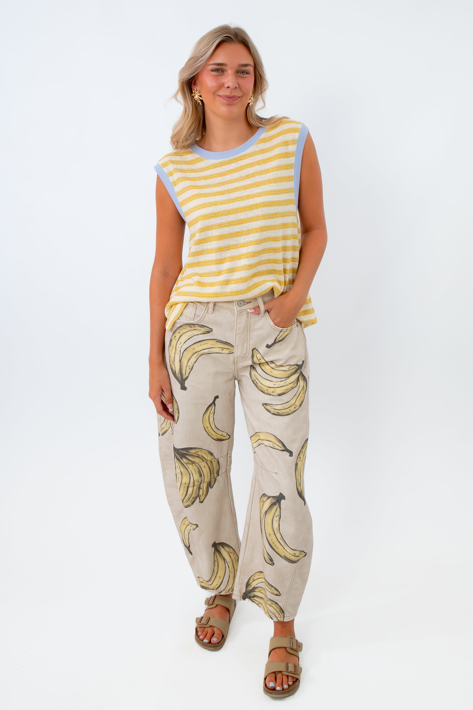 Free People Go Bananas Good Luck Printed Barrel Jean