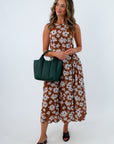 Fully lined floral midi dress for fall, brown midi dress for fall, floral midi dress, sleeveless midi dress