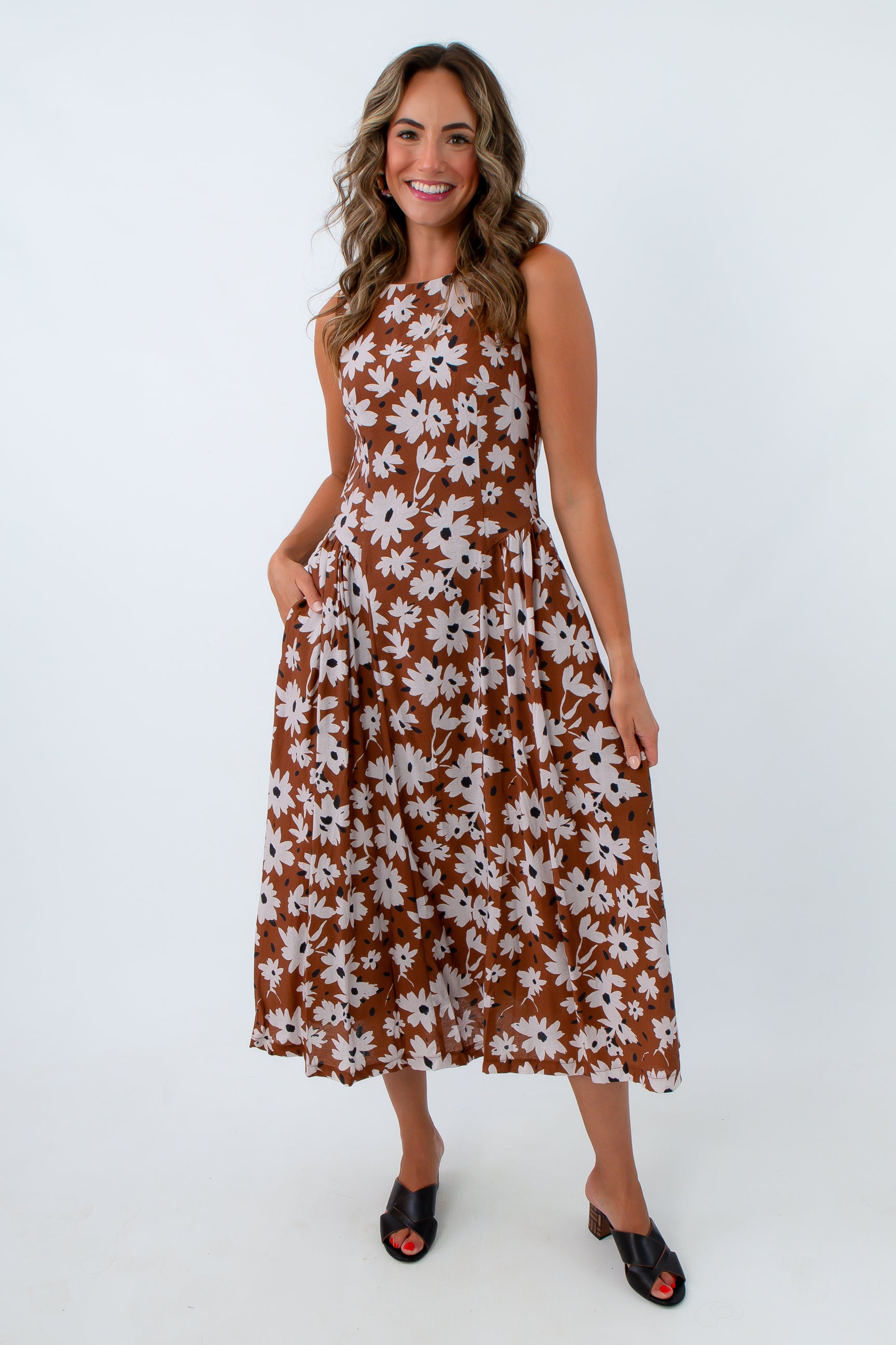 Brown floral sleeveless midi dress with side pockets, fall midi dress, brown floral midi dress