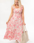 MinkPink Midi Dress in pink and white with frill details and tropical floral pattern, perfect for summer outings or wedding guest attire.