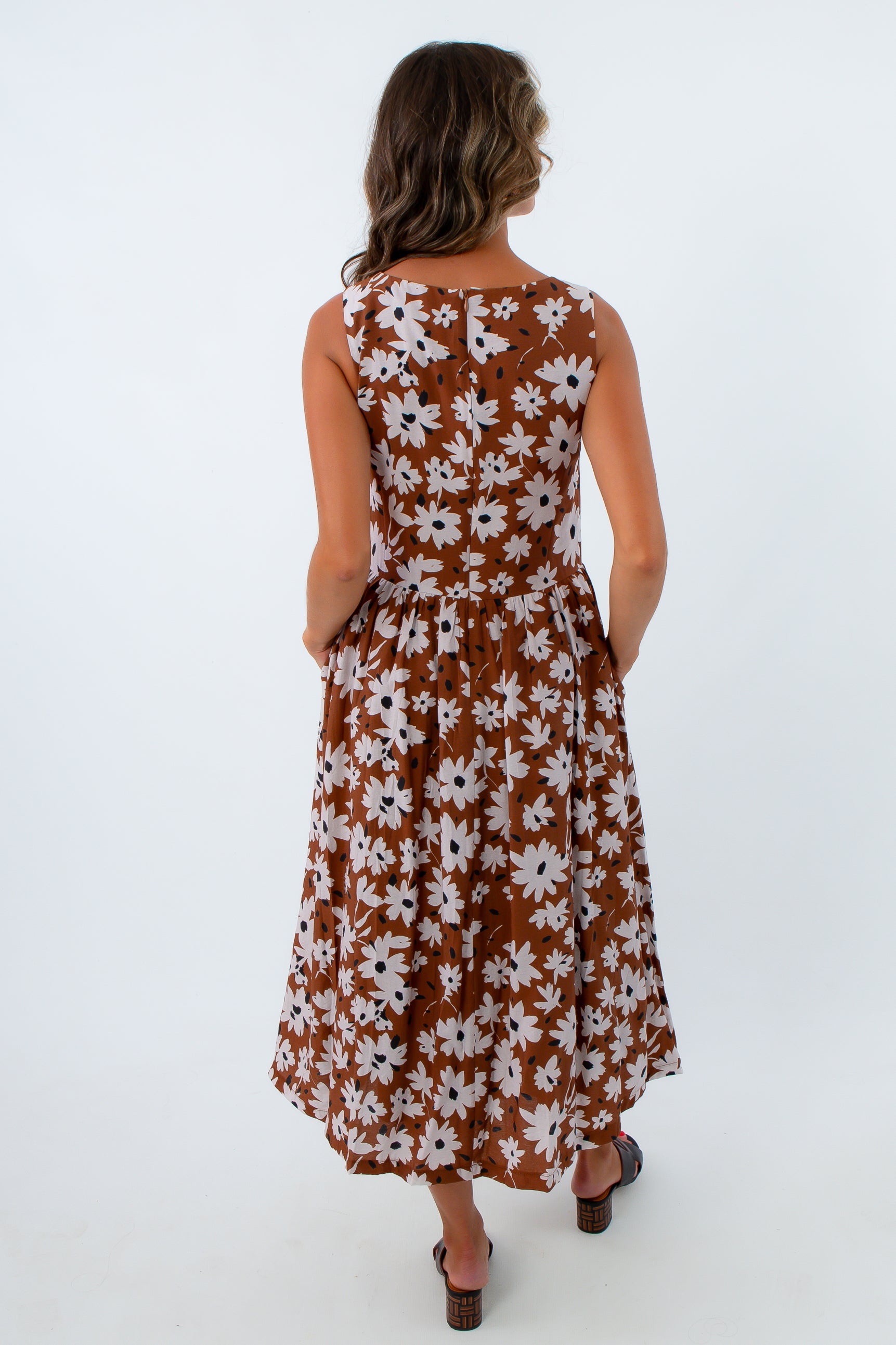 THML dress, sleeveless floral midi dress, brown floral dress, women's midi dress