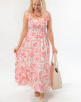 MinkPink Frill Midi Dress in Bria Pink & White with floral print, featuring ruffled straps and smocked bodice, ideal for casual chic wear.
