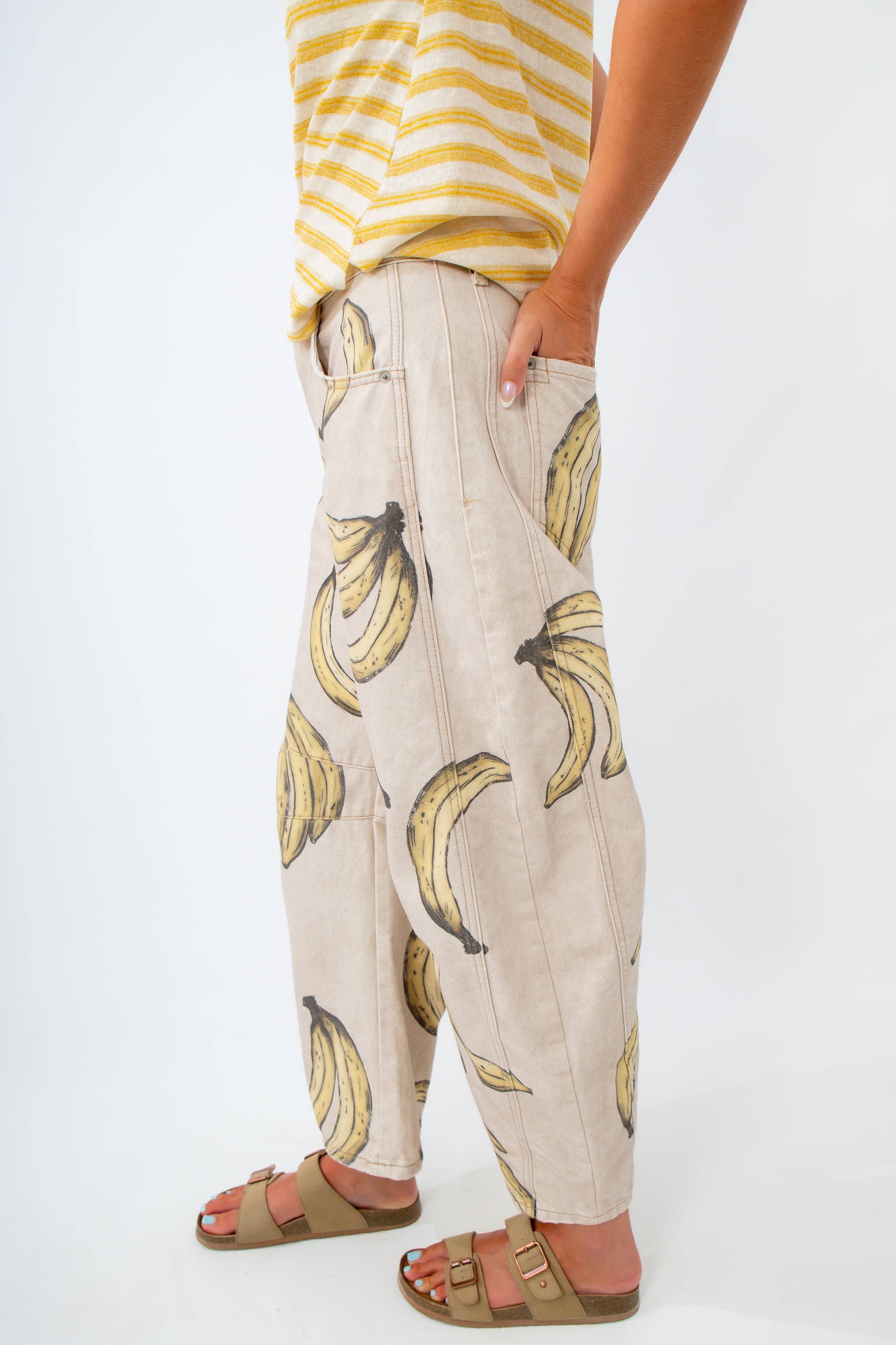 khaki and yellow banana printed jeans