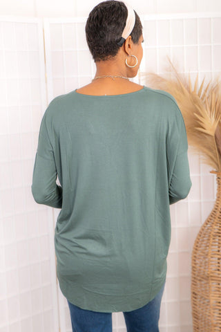 Gray Green Long Sleeve V Neck Drape Top-Hyfve-L. Mae Boutique