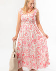 MinkPink Bria Pink & White Frill Midi Dress with flowy silhouette and square neckline, styled for comfort and elegance in warm weather.