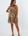 Lightweight patterned mini dress with adjustable spaghetti straps, Neutral tiger print dress