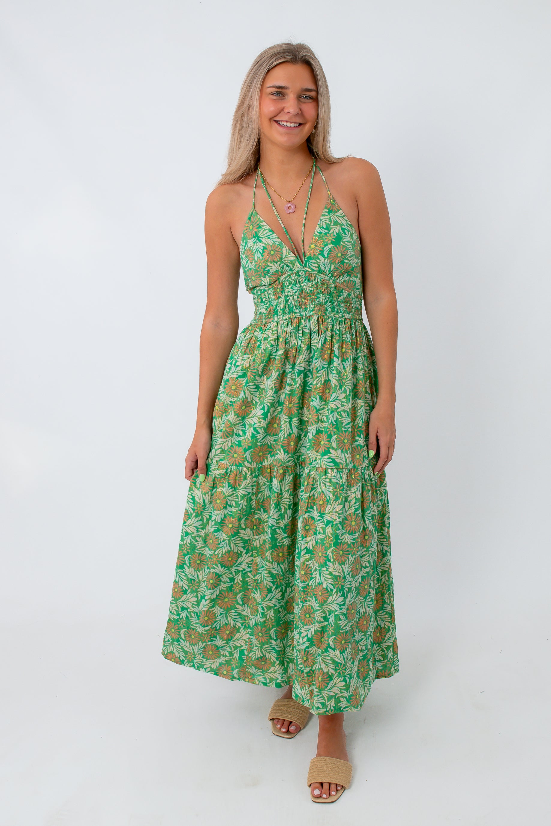 Dahlia Shimmer Green &amp; Pink Floral Maxi Dress for wedding guest