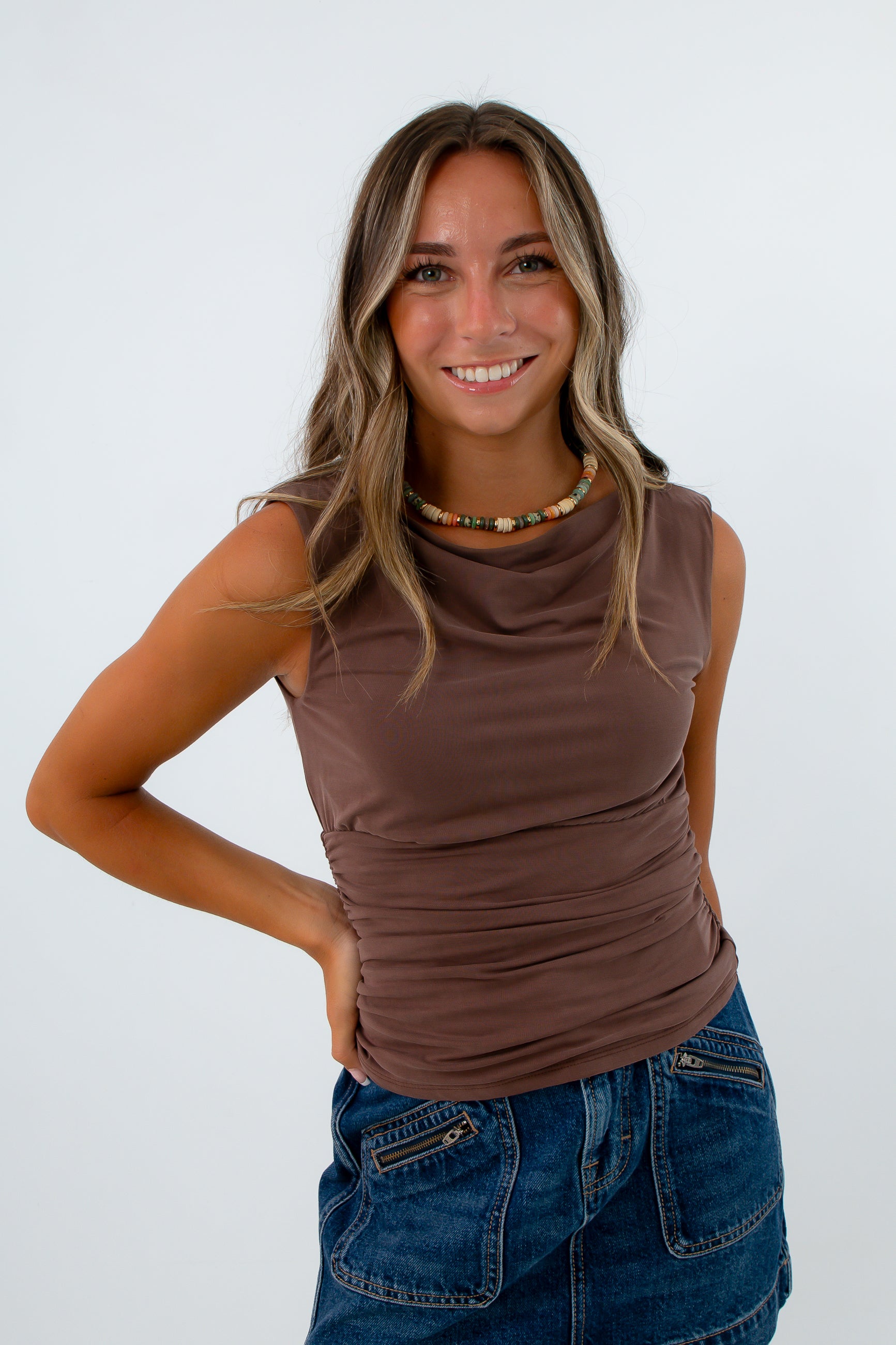 Amelia Drop Ruched Espresso Top in brown, brown cowl neck top, brown top with side ruching, fall going out top