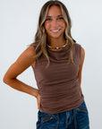 Amelia Drop Ruched Espresso Top in brown, brown cowl neck top, brown top with side ruching, fall going out top