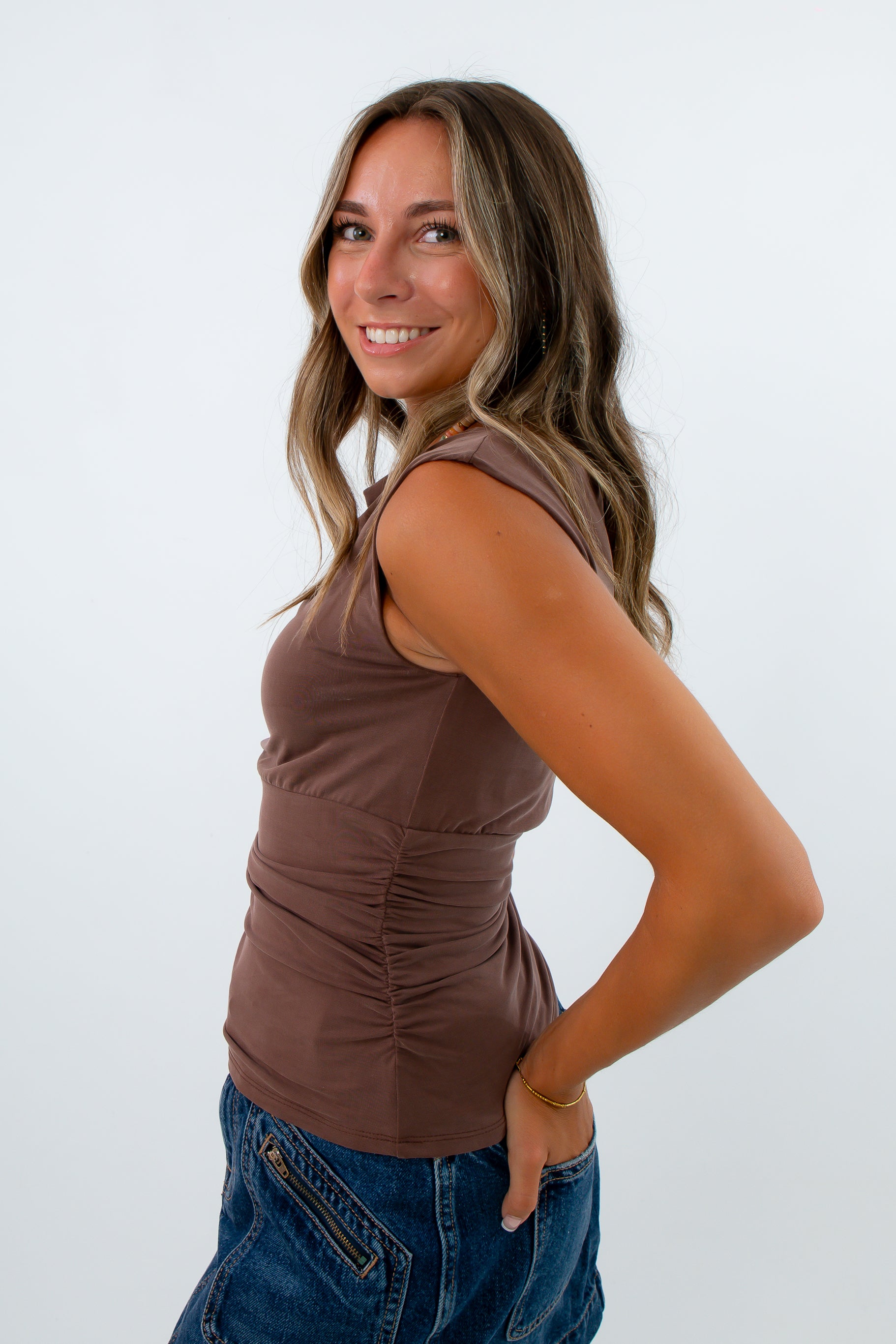 Brown sleeveless fall top with cowl neckline, brown going out top, grown top with side ruching