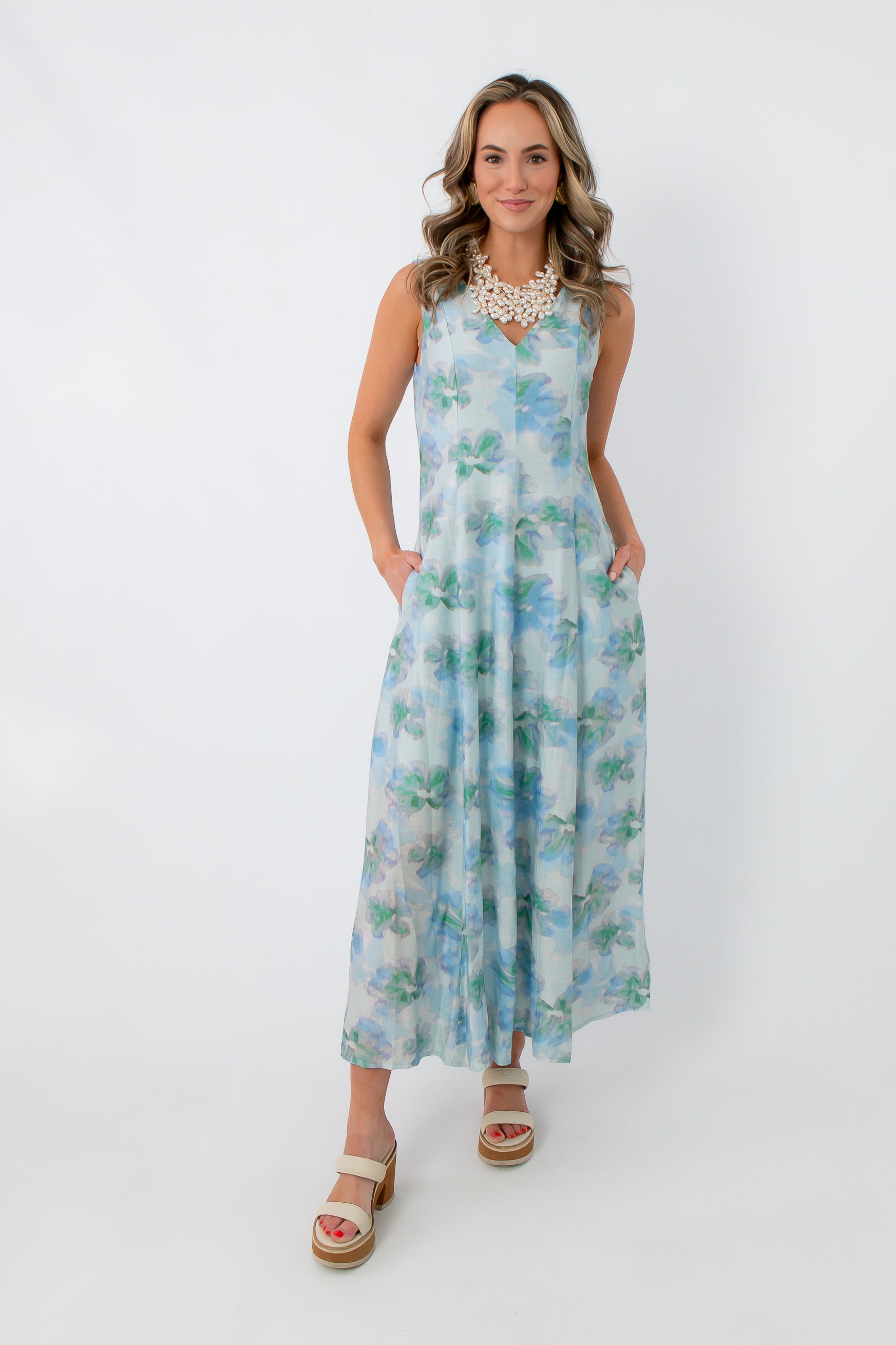 Watercolor Nymphéas Blue Floral Midi Dress with pockets and watercolor print, styled for spring wedding or garden party