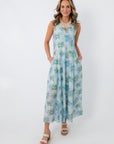 Watercolor Nymphéas Blue Floral Midi Dress with pockets and watercolor print, styled for spring wedding or garden party