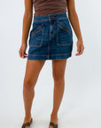Peyton Dark Denim Zip Pocket Mini Skirt for fall, dark wash denim mini skirt with zipper pockets