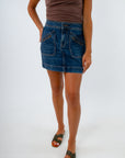 Fall bottoms denim mini skirt with functional pockets, dark wash denim mini skirt, dark denim mini skirt