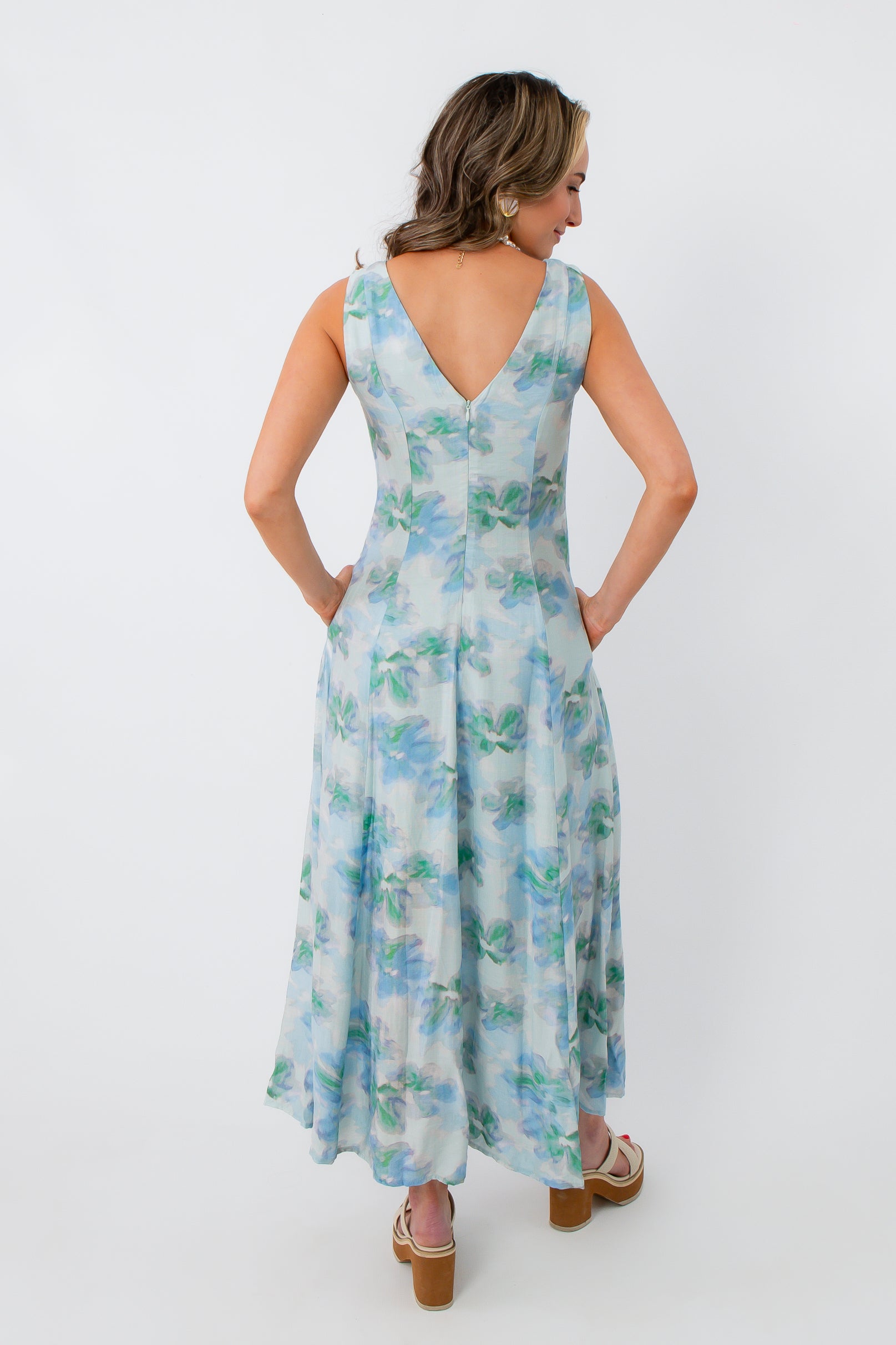 Watercolor Nymphéas Blue Floral Midi Dress