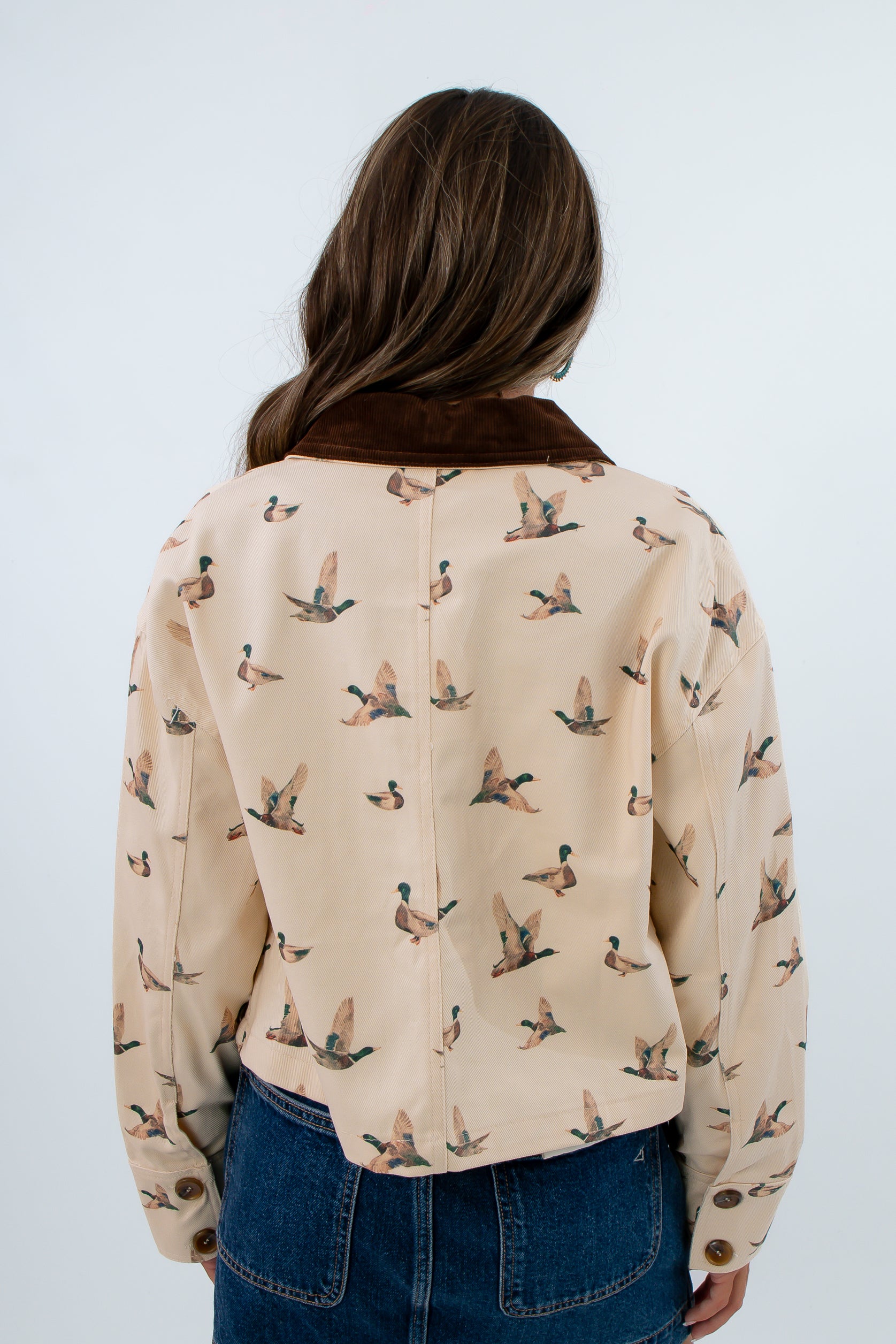 Mallard Duck Print Jacket, beige barn jacket, lightweight patterned jacket