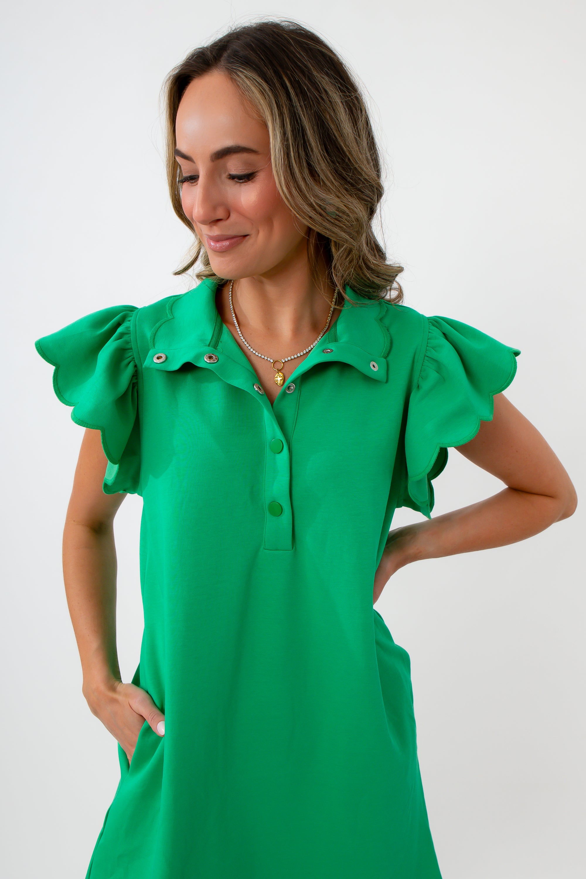 Green scalloped sleeve scuba dress