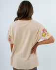 Beige floral print t shirt with side pockets, secret garden graphic t shirt