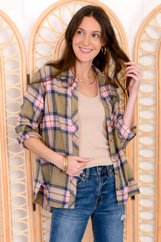 Emberly Olive and Blush Plaid Button Down Shirt-Thread & Supply-L. Mae Boutique