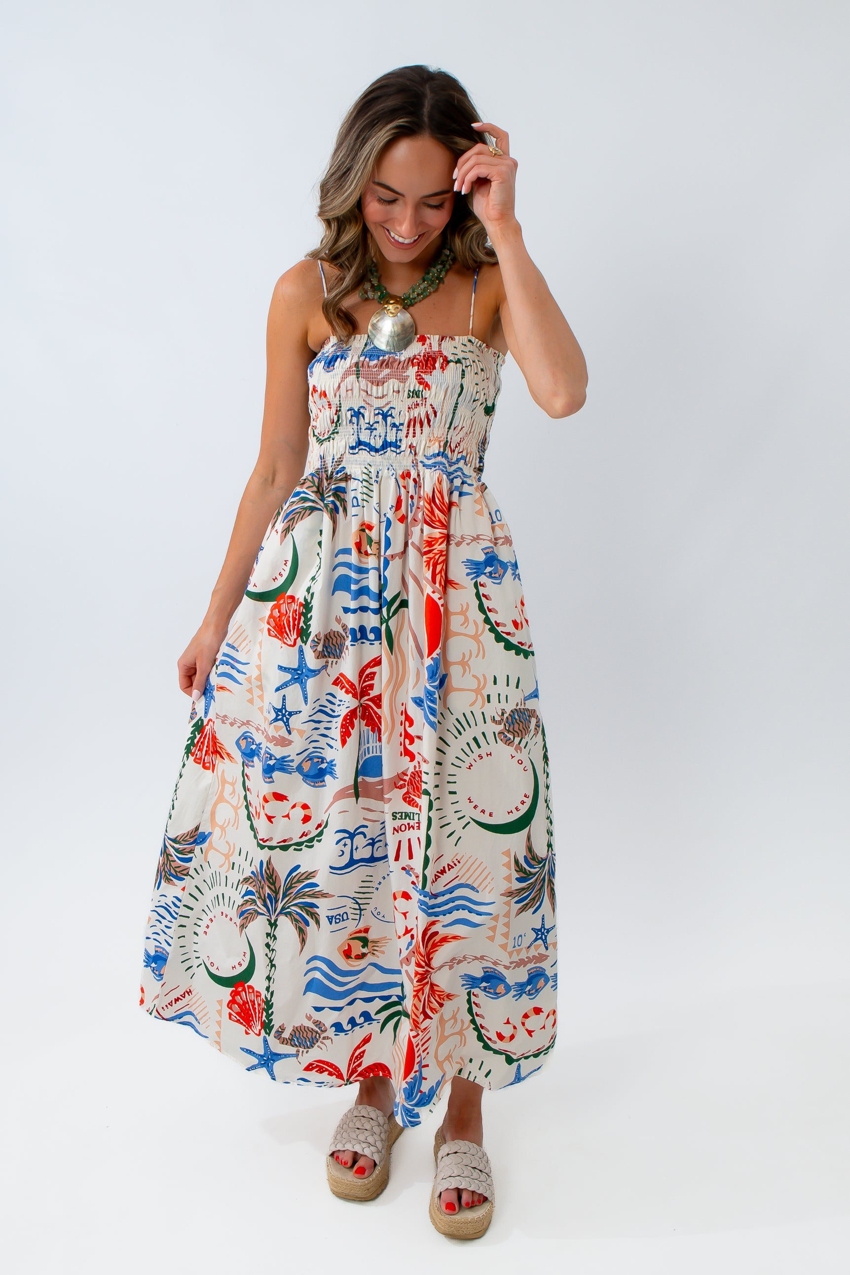 z supply summer printed coastal getaway midi dress with colorful beach graphics