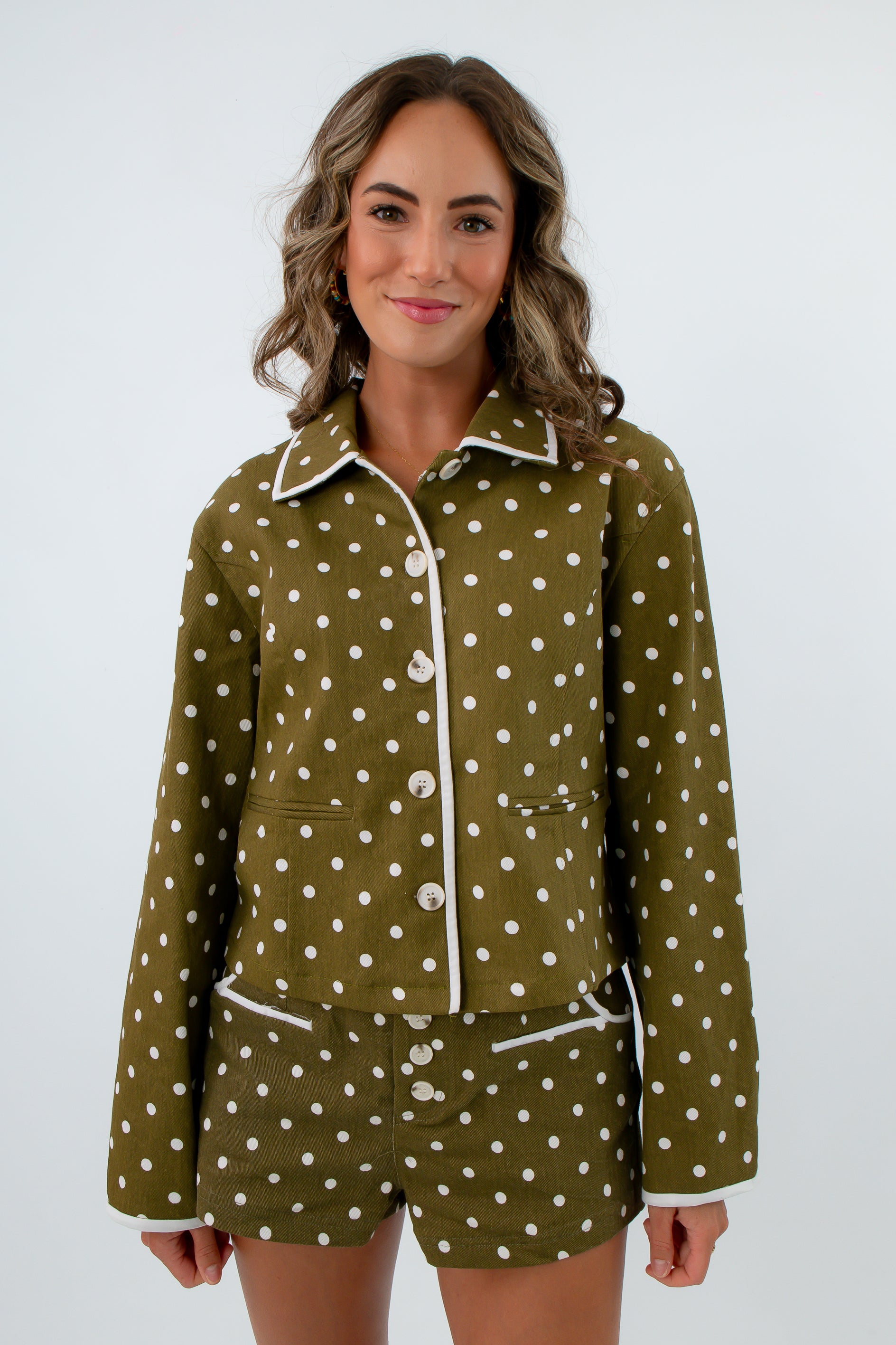 Olive green polka dot jacket for fall layering, matching green shorts set, matching polka dot set