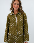 Olive green polka dot jacket for fall layering, matching green shorts set, matching polka dot set